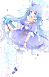 Rule 34 | 1girl, absurdres, bad id, bad pixiv id, bare shoulders, blue eyes, blue hair, blush, closed mouth, collarbone, commentary, crystal, dress, hair ornament, high heels, highres, holding, holding wand, long hair, looking at viewer, low twintails, off-shoulder dress, off shoulder, original, pantyhose, puffy short sleeves, puffy sleeves, purple dress, purple footwear, shoes, short sleeves, solo, star (symbol), star hair ornament, symbol-only commentary, tsukiyo (skymint), twintails, very long hair, wand, white pantyhose