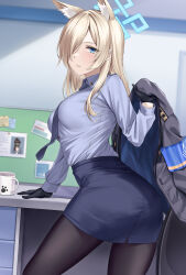 Rule 34 | 1girl, absurdres, animal ear fluff, animal ears, ass, black gloves, black jacket, black pantyhose, blonde hair, blue archive, blue eyes, blue necktie, blue shirt, blue skirt, breasts, coffee mug, collared shirt, commentary, cup, dog ears, expressionless, extra ears, gloves, hair over one eye, halo, highres, jacket, kanna (blue archive), large breasts, light blush, long hair, long sleeves, mug, necktie, one eye covered, pantyhose, pantylines, parted lips, pencil skirt, photo (object), rama (yu-light8), sharp teeth, shirt, shirt tucked in, skirt, solo, sukeban (smg) (blue archive), teeth, twisted torso