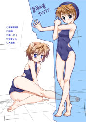 Rule 34 | 2girls, aogiri penta, barefoot, blue eyes, blush, brown hair, character request, competition swimsuit, feet, green eyes, highres, multiple girls, one-piece swimsuit, original, short hair, soles, source request, stretching, swim cap, swimsuit, tiptoes, toes, translation request