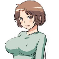 Rule 34 | 1girl, aaaa (quad-a), bad id, bad pixiv id, blouse, breasts, brown eyes, brown hair, covered erect nipples, green shirt, large breasts, looking at viewer, original, shirt, short hair, simple background, smile, solo, white background