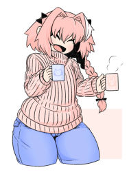 Rule 34 | 1boy, ^ ^, animal print, astolfo (fate), black bow, blush, bow, braid, buraninn, cat print, closed eyes, cup, denim, closed eyes, fang, fate/apocrypha, fate/grand order, fate (series), hair bow, hair intakes, hair ornament, jeans, long hair, male focus, mug, multicolored hair, pants, pink hair, pink sweater, ribbed sweater, sidelocks, simple background, single braid, skin fang, smile, solo, steam, streaked hair, sweater, thick thighs, thighs, turtleneck, turtleneck sweater, very long hair, wide hips