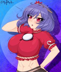 Rule 34 | abs, blouse, blue background, breasts, eye contact, hand on own hip, highres, huge breasts, looking at another, looking at viewer, megamoo, midriff, purple hair, red eyes, red shirt, shirt, solo, touhou, yasaka kanako