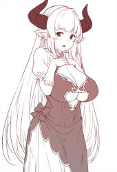 Rule 34 | 1girl, alicia (granblue fantasy), blunt bangs, blush, breasts, center opening, cleavage, clothing cutout, cross, cross earrings, draph, dress, earrings, gloves, granblue fantasy, hands on own chest, horns, houtengeki, jewelry, large breasts, long hair, looking at viewer, mature female, open mouth, pointy ears, short sleeves, simple background, solo, standing, underboob cutout, white background