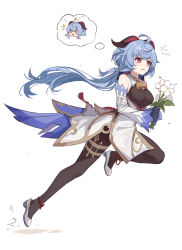 Rule 34 | 1girl, absurdres, ahoge, bell, black gloves, blue hair, bodystocking, breasts, cowbell, detached collar, detached sleeves, flower, full body, ganyu (genshin impact), genshin impact, gloves, goat horns, gold trim, highres, horns, long hair, long sleeves, looking at viewer, low ponytail, medium breasts, purple eyes, rope, running, shoes, simple background, solo, sweat, tailcoat, tassel, white background, yajuu