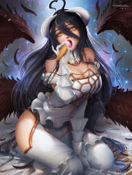 Rule 34 | 1girl, ahoge, albedo (overlord), artist name, bare shoulders, between legs, black hair, black wings, breasts, cleavage, commentary, commentary request, dated, demon girl, demon horns, demon wings, dress, english commentary, feathered wings, food, gloves, hair between eyes, hand between legs, heart, highres, holding, holding food, horns, ice cream, ice cream cone, kneeling, large breasts, long hair, looking at viewer, overlord (maruyama), slit pupils, solo, turewindwalker, white dress, white gloves, white horns, wings, yellow eyes