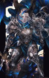 Rule 34 | 1girl, armor, belt, belt buckle, black gloves, blood, blood splatter, blood trail, bloody weapon, blue blood, blue cape, blue eyes, breastplate, buckle, cape, chain, claws, colored blood, crack, dagger, dragon, dripping, emblem, ena (enaa97), english text, gloves, greaves, grey hair, highres, holding, holding sword, holding weapon, kneeling, knife, open mouth, original, pauldrons, scabbard, scar, scar across eye, scar on face, scratches, sheath, shield, shoulder armor, solo, sword, teeth, torn wings, weapon, wings