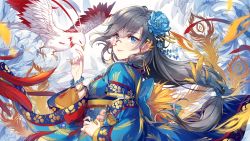 Rule 34 | 1girl, benghuai xueyuan, bird, black hair, blue eyes, blue flower, bracelet, breasts, earrings, flower, fu hua, hair between eyes, hair flower, hair ornament, hand on own hip, highres, honkai (series), honkai impact 3rd, japanese clothes, jewelry, kimono, long hair, long sleeves, looking at viewer, looking to the side, monocle, phoenix, ponytail, small breasts, smile, solo