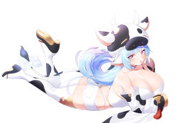 Rule 34 | 1girl, animal ears, animal print, ass, bare shoulders, bikini, blue hair, blush, bow, breasts, catura (granblue fantasy), cleavage, cow ears, cow girl, cow hat, cow horns, cow print, cow tail, detached collar, detached sleeves, draph, gooak, granblue fantasy, highres, horns, large breasts, legs, long hair, looking at viewer, lying, on stomach, open mouth, pointy ears, short shorts, shorts, swimsuit, tail, thighhighs, thighs, white bikini, white bow, white shorts, white thighhighs, wide sleeves, yellow eyes