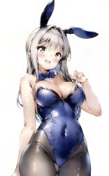 Rule 34 | 1girl, animal ears, arm behind back, bare arms, bare shoulders, blue bow, blue bowtie, blue leotard, blush, bow, bowtie, breasts, chinese commentary, cleavage, covered navel, cowboy shot, curled fingers, detached collar, dot nose, fake animal ears, grey hair, hand up, haruka poi, highleg, highleg leotard, highres, leotard, long hair, looking at viewer, medium breasts, open mouth, original, pantyhose, playboy bunny, shadow, simple background, solo, strapless, strapless leotard, thighs, white background, yellow eyes