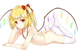 Rule 34 | 1girl, ass, bare arms, bare shoulders, blonde hair, bottomless, bow, bra, collarbone, commentary request, crystal, feet, flan (seeyouflan), flandre scarlet, flat chest, hair bow, hand up, highres, ke-ta (style), long hair, looking at viewer, lying, no headwear, no shoes, on stomach, one side up, red bow, red eyes, simple background, solo, the pose, thighhighs, thighs, touhou, underwear, white background, white bra, white thighhighs, wings
