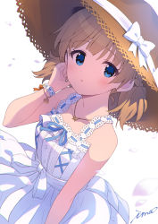 Rule 34 | 1girl, artist name, blue eyes, blue ribbon, blush, bow, breasts, brown hair, brown hat, butterfly necklace, child, collarbone, commentary, dot nose, dress, eyelashes, flower bracelet, hand up, hat, highres, idolmaster, idolmaster million live!, idolmaster million live! theater days, ima (lm ew), looking at viewer, official alternate costume, official alternate hairstyle, parted lips, petals, pure onepiece (idolmaster), ribbed hat, ribbon, ribbon-trimmed dress, short hair, short twintails, signature, sleeveless, small breasts, solo, straw hat, suou momoko, twintails, waist bow, white background, white dress, white ribbon, wrist cuffs