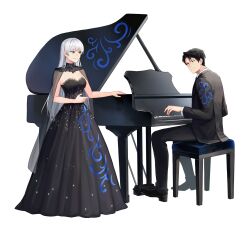Rule 34 | 1boy, 1girl, absurdres, angelica (project moon), black cape, black choker, black dress, black eyes, black footwear, black hair, black jacket, black pants, black suit, blue eyes, breasts, cape, choker, cleavage, commission, dress, formal, full body, grand piano, highres, instrument, jacket, library of ruina, long hair, medium breasts, pants, parted lips, piano, pmoon muk, project moon, roland (project moon), second-party source, see-through cape, shirt, shoes, simple background, smile, sparkle, stool, strapless, strapless dress, suit, very long hair, white background, white hair, white shirt