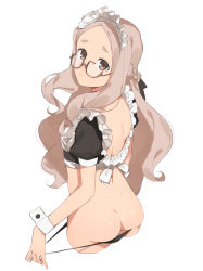 Rule 34 | 1girl, 2l (2lsize), black panties, blush, braid, brown-framed eyewear, brown eyes, brown hair, closed mouth, crop top, cropped legs, crown braid, forehead, french braid, frills, from behind, glasses, highres, long hair, looking at viewer, looking back, maid, maid headdress, nose blush, original, panties, panty pull, short sleeves, simple background, solo, thick eyebrows, underwear, very long hair, wavy hair, white background, wrist cuffs