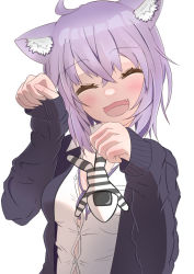 Rule 34 | 1girl, ahoge, animal ears, black cardigan, blush, breasts, cardigan, cat ears, cat girl, cleavage, closed eyes, commentary request, crossed bangs, fang, hair between eyes, happy, hego 0102, holding, hololive, long sleeves, medium breasts, nekomata okayu, nekomata okayu (oversized shirt), open cardigan, open clothes, open mouth, paw pose, purple hair, shirt, short hair, simple background, solo, upper body, virtual youtuber, white background, white shirt