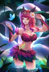 Rule 34 | 1girl, ahri (league of legends), alternate costume, alternate hair color, artist name, breasts, bug, butterfly, circlet, cleavage, elderwood ahri, facial mark, flower, hair flower, hair ornament, highres, horns, insect, kezi, large breasts, league of legends, long hair, nail polish, navel, outdoors, pink hair, pink nails, solo, standing, tattoo, wading, whisker markings, yellow eyes