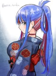 Rule 34 | 1girl, alternate hairstyle, black kimono, blue background, blue hair, breasts, commentary request, floral print, gradient background, japanese clothes, kantai collection, kimono, large breasts, long hair, multicolored hair, ponytail, profile, red hair, solo, south dakota (kancolle), star (symbol), tabi, twitter username, upper body, white background, white hair, wss (nicoseiga19993411), yukata