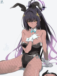 Rule 34 | 1girl, animal ears, arm support, arm tattoo, artist logo, bare shoulders, black footwear, black hair, black leotard, blue archive, bow, bowtie, breasts, closed mouth, collarbone, creatures (company), dark-skinned female, dark skin, dated, detached collar, fishnet pantyhose, fishnets, game freak, gen 4 pokemon, gloves, gradient hair, grey background, halo, hand on own chest, high heels, highres, karin (blue archive), karin (bunny) (blue archive), large breasts, leotard, looking at viewer, miyahara takuya, multicolored hair, nintendo, pantyhose, playboy bunny, pokemon, ponytail, rabbit ears, simple background, sitting, solo, tattoo, turtwig, wariza, white gloves, wrist cuffs, yellow eyes