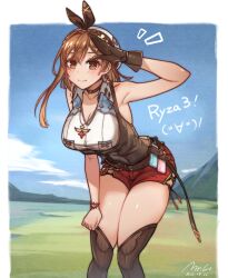Rule 34 | 1girl, artist name, atelier (series), atelier ryza, atelier ryza 3, belt, bent over, beret, blush, braid, breast pocket, breasts, brown belt, brown eyes, brown gloves, brown hair, brown thighhighs, brown vest, choker, cleavage, clover hair ornament, collarbone, collared shirt, crown braid, dangle earrings, earrings, gloves, hair ornament, hand on own thigh, hat, highres, jewelry, large breasts, leather, leather belt, leather gloves, mrlo, multiple bracelets, necklace, pocket, red shorts, reisalin stout, shirt, short hair, short shorts, shorts, single earring, single glove, sleeveless, sleeveless shirt, solo, star (symbol), star choker, star earrings, star necklace, thighhighs, vest, white hat, x hair ornament
