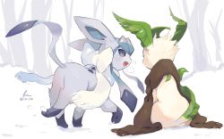 Rule 34 | :d, breath, brown scarf, cold, commentary request, creatures (company), day, fang, game freak, gen 4 pokemon, glaceon, hideko (l33l3b), highres, leafeon, nintendo, no humans, open mouth, outdoors, pokemon, pokemon (creature), scarf, signature, sitting, smile, snow, standing, tongue, twitter username, white scarf