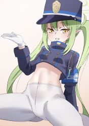 Rule 34 | 1girl, absurdres, armband, black hat, blue archive, blue armband, buttons, double-breasted, gloves, gluteal fold, green eyes, green hair, green halo, halo, hand up, hat, nozomi (blue archive), highres, looking at viewer, no panties, pantyhose, peaked cap, pointy ears, shirozaya, sitting, train conductor, twintails, wariza, white gloves, white pantyhose