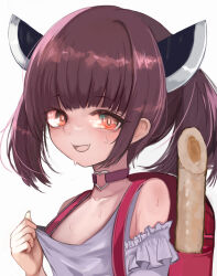 Rule 34 | 1girl, backpack, bag, blush, brown hair, choker, clothes pull, clothing cutout, commentary request, fang, flat chest, headgear, heart o-ring, kiritanpo (food), looking at viewer, medium bangs, medium hair, naonaonina, o-ring, o-ring choker, open mouth, orange eyes, randoseru, shirt pull, short twintails, shoulder cutout, simple background, smile, solo, sweat, touhoku kiritan, twintails, upper body, voiceroid, white background