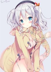 Rule 34 | 10s, 1girl, alternate costume, blue eyes, blush, breasts, circle name, cleavage, coat, grey background, grey hair, hair ornament, hat, kantai collection, kashima (kancolle), long sleeves, looking at viewer, open clothes, open coat, plaid, plaid scarf, scarf, simple background, smile, solo, sousouman, sweater, twintails