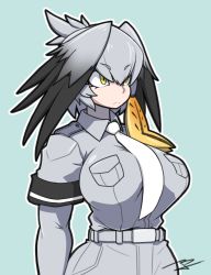 Rule 34 | 10s, 1girl, alternate breast size, aqua background, arms at sides, belt, black hair, bodystocking, breast pocket, breasts, closed mouth, collared shirt, expressionless, grey hair, grey shirt, hair between eyes, kemono friends, kimyouna juju, large breasts, layered sleeves, long hair, long sleeves, looking afar, low ponytail, multicolored hair, necktie, orange hair, outline, pocket, shirt, shoebill (kemono friends), short over long sleeves, short sleeves, side ponytail, signature, simple background, solo, staring, upper body, white necktie, white outline, wing collar, yellow eyes