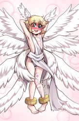 Rule 34 | 1boy, absurdres, angel, anklet, arms behind head, barefoot, blonde hair, blue eyes, blush, bracelet, child, digimon, digimon (creature), feathered wings, feet, full body, hair between eyes, head wings, highres, jewelry, looking at viewer, lucemon, male focus, multiple wings, open mouth, pink background, seraph, smile, solo, sweat, wb (dl4239dl), wings