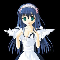 Rule 34 | 1girl, alice (ragnarok online), apron, ayase mai (jelly^2 fish), blue hair, breasts, cleavage, green eyes, laughing, long hair, maid, maid apron, maid headdress, medium breasts, ragnarok online, solo, undressing