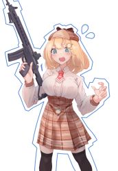 Rule 34 | 1girl, @ @, assault rifle, bad id, bad pixiv id, black thighhighs, blonde hair, blue eyes, blush, breasts, collared shirt, commentary, fang, flying sweatdrops, green eyes, gun, hat, high-waist skirt, highres, holding, holding gun, holding weapon, hololive, hololive english, howa type 89, kisaragisisui, large breasts, long sleeves, looking at viewer, medium hair, open mouth, over-kneehighs, rifle, shirt, simple background, skin fang, skirt, solo, thighhighs, transparent background, trigger discipline, virtual youtuber, watson amelia, watson amelia (1st costume), weapon, white background, white shirt, zettai ryouiki