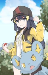 Rule 34 | 1girl, absurdres, black hair, blurry, buttons, clenched hand, closed mouth, cloud, commentary, creatures (company), dawn (pokemon), day, dress, eyelashes, game freak, gen 4 pokemon, grey eyes, hair ornament, hairclip, hand up, hat, highres, holding, holding poke ball, jacket, long hair, looking at viewer, nintendo, open clothes, open jacket, outdoors, poke ball, poke ball (basic), pokemon, pokemon (creature), pokemon bdsp, poketch, shinx, sidelocks, sky, smile, valefal coneri, watch, white dress, wristwatch, yellow jacket