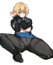 Rule 34 | 1girl, absurdres, bad id, bad pixiv id, black pantyhose, black shirt, blonde hair, blue eyes, blue skirt, blush, bound, bound wrists, breasts, closed mouth, clothes pull, cuffs, feet, foreshortening, girls&#039; frontline, handcuffs, highres, large breasts, looking at viewer, loveu, mole, mole on breast, mole under eye, navel, no shoes, panties, panties under pantyhose, pantyhose, shirt, shirt pull, short hair, sitting, skirt, skirt pull, soles, solo, spread legs, sweat, sweatdrop, thighs, toes, underwear, vsk-94 (girls&#039; frontline), white background, white panties