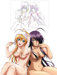 Rule 34 | 00s, 2girls, absurdres, ahoge, blonde hair, blue eyes, blush, breasts, comparison, convenient censoring, fang, female focus, highres, ikkitousen, kan&#039;u unchou, long hair, looking at viewer, multiple girls, navel, nude, official art, open mouth, purple hair, simple background, sitting, smile, sonsaku hakufu, tagme
