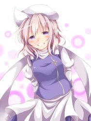 Rule 34 | 1girl, arms behind back, chikuwa savy, grin, hat, letty whiterock, light purple hair, long sleeves, looking at viewer, purple eyes, simple background, skirt, smile, solo, touhou, turtleneck, upper body, vest, wavy hair, white background