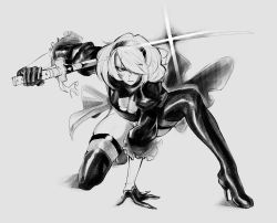 Rule 34 | 1girl, aeyga, black footwear, black gloves, black hairband, black sleeves, boots, breasts, closed mouth, commentary, english commentary, full body, gloves, greyscale, hair over one eye, hairband, high heel boots, high heels, highres, holding, holding sword, holding weapon, katana, looking at viewer, medium hair, mole, mole under mouth, monochrome, nier:automata, nier (series), on one knee, panties, pantyshot, parted bangs, serious, short sleeves, simple background, solo, sparkle, sword, thigh boots, thighhighs, thighs, underwear, v-shaped eyebrows, weapon, weapon on back, white background, 2b (nier:automata)