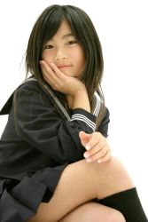 Rule 34 | 1girl, asian, black eyes, black hair, crossed legs, model, photo (medium), school uniform, serafuku, socks, solo