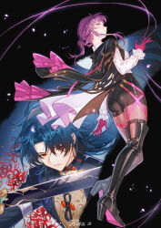 Rule 34 | 1boy, 1girl, absurdres, ass, black footwear, black hair, black jacket, blade (honkai: star rail), boots, closed mouth, earrings, flower, from behind, full body, gloves, hair between eyes, hair over one eye, high-waist shorts, highres, holding, holding sword, holding weapon, honkai: star rail, honkai (series), jacket, jewelry, kafka (honkai: star rail), long hair, long sleeves, looking back, pantyhose, pantyhose under shorts, parted bangs, ponytail, purple eyes, purple gloves, purple hair, purple pantyhose, red eyes, red flower, rosa (user hrem8745), round eyewear, shirt, shorts, signature, single thigh boot, smile, spider lily, sword, tassel, tassel earrings, thigh boots, upper body, weapon, white shirt