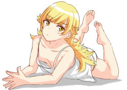 Rule 34 | 1girl, bakemonogatari, barefoot, blonde hair, blunt bangs, blush stickers, camisole, closed mouth, commentary request, feet up, flat chest, full body, hieda (hiedanoaqn), highres, long hair, looking to the side, lying, monogatari (series), on stomach, oshino shinobu, own hands together, panties, shadow, simple background, solo, underwear, white background, white camisole, white panties, yellow eyes