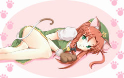 Rule 34 | 1girl, :3, animal ears, animal hands, ass, bad id, bad pixiv id, bell, cat ears, cat girl, cat paws, cat tail, china dress, chinese clothes, dress, female focus, gloves, green eyes, hair ribbon, hat, hong meiling, kemonomimi mode, lying, mochi.f, on side, panties, paw gloves, paw print, raised eyebrow, red hair, ribbon, solo, star (symbol), tail, touhou, underwear, white background