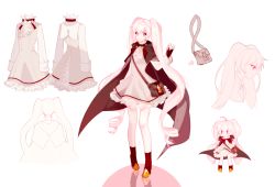 Rule 34 | 1girl, 2rott (peha), :o, bag, boots, cape, character sheet, chibi, dress, fingerless gloves, frilled dress, frills, full body, gloves, long hair, long sleeves, looking at viewer, multiple views, original, pink eyes, pink hair, profile, reflection, simple background, twintails, very long hair, white background
