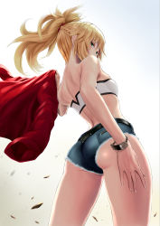 Rule 34 | 1girl, ass, bandeau, bare shoulders, blonde hair, braid, breasts, commentary, cowboy shot, cutoffs, denim, denim shorts, fate/apocrypha, fate (series), from behind, green eyes, hand on own thigh, highres, jacket, leather, leather jacket, long hair, looking at viewer, looking back, micro shorts, midriff, mordred (fate), mordred (fate/apocrypha), mordred (memories at trifas) (fate), ponytail, red jacket, red scrunchie, scrunchie, short shorts, shorts, small breasts, solo, wa (genryusui)
