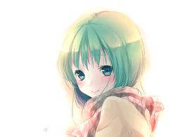 Rule 34 | 1girl, blue eyes, coat, female focus, green hair, gumi, looking at viewer, plaid, plaid scarf, portrait, sana (unyata), scarf, short hair, signature, smile, solo, upper body, vocaloid, white background