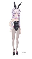 Rule 34 | 1girl, ahoge, animal ears, animal slippers, anklet, armband, artist name, bare shoulders, black hairband, black leotard, bow, bowtie, breasts, bunny slippers, closed mouth, detached collar, fake animal ears, fishnet pantyhose, fishnets, full body, hair over shoulder, hairband, hand on own hip, highres, jewelry, kushibi, leotard, light purple hair, looking at viewer, pantyhose, pink bow, pink bowtie, playboy bunny, purple eyes, rabbit ears, raised eyebrows, short hair with long locks, single wrist cuff, slippers, small breasts, solo, v-shaped eyebrows, vocaloid, voiceroid, wrist cuffs, yuzuki yukari