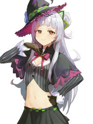 Rule 34 | 1girl, absurdres, black capelet, black skirt, blush, brown gloves, capelet, closed mouth, gloves, hat, highres, hololive, long hair, looking at viewer, mac star, midriff, murasaki shion, murasaki shion (1st costume), navel, simple background, skirt, smile, solo, virtual youtuber, white background, white hair, witch hat, yellow eyes