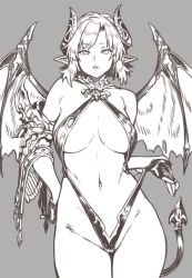 Rule 34 | 1girl, breasts, cameltoe, cleavage, cowboy shot, demon girl, demon tail, demon wings, fingerless gloves, gloves, greyscale, hand on own hip, horns, houtengeki, jpeg artifacts, large breasts, looking at viewer, lossy-lossless, monochrome, original, pointy ears, revealing clothes, short hair, simple background, solo, tail, wings