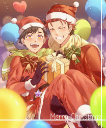 Rule 34 | 2boys, absurdres, balloon, black gloves, black hair, blush, boots, box, carrying, christmas, couple, earrings, ensemble stars!, gift, gift box, gloves, green eyes, green scarf, hat, heart balloon, highres, holding, holding gift, jacket, jewelry, kiryu kuro, looking at viewer, male focus, merry christmas, multicolored hair, multiple boys, nagumo tetora, neko punch, open mouth, pants, princess carry, red hair, red jacket, red pants, santa boots, santa costume, santa hat, scarf, short hair, smile, streaked hair, teeth, two-tone hair, yaoi, yellow eyes, yellow scarf