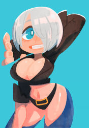 Rule 34 | 1girl, angel (kof), blue eyes, breasts, cleavage, grey hair, hair over one eye, highres, large breasts, legs, midriff, navel, parted lips, short hair, smile, snk, the king of fighters, thick thighs, thighs, zettonamo888