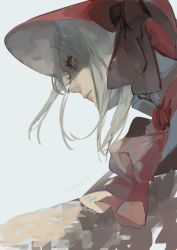 Rule 34 | 1girl, ascot, black ribbon, bloodborne, bonnet, expressionless, face, from below, from side, grey background, grey eyes, grey hair, plain doll, profile, ribbon, short hair, simple background, solo, syokuuuuuuuuumura