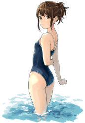 Rule 34 | 1girl, ass, brown hair, competition school swimsuit, from behind, gintama, highres, kobaji, long hair, looking at viewer, one-piece swimsuit, ponytail, school swimsuit, shimura tae, simple background, solo, swimsuit, wading, water, wet, wet clothes, white background