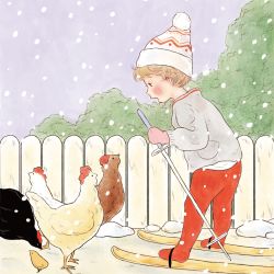 Rule 34 | 1boy, beanie, bird, blonde hair, blush, chicken, child, fence, grey sweater, hat, highres, long sleeves, male focus, mittens, original, outdoors, pants, pink mittens, profile, red pants, short hair, skis, snow, snowing, solo, standing, sweater, white hat, yoovora